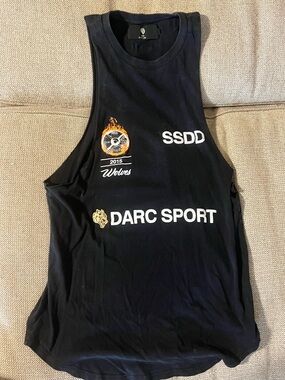 Darc Sport Black Tank Top with White Text and Gold Emblem
